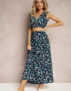  Set din două piese Bleumarin-Verde Top fără mâneci Fustă cu elastic în talie cu flori Dimanisa