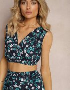  Set din două piese Bleumarin-Verde Top fără mâneci Fustă cu elastic în talie cu flori Dimanisa