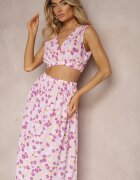  Set din două piese roz Top fără mâneci Fustă cu elastic în talie cu flori Dimanisa