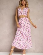  Set din două piese roz Top fără mâneci Fustă cu elastic în talie cu flori Dimanisa