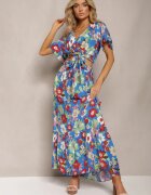  Set din Vâscoză Albastru cu Imprimeu Floral Fustă și Bluză cu Decolteu Petrecut Ollecurne