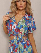  Set din Vâscoză Albastru cu Imprimeu Floral Fustă și Bluză cu Decolteu Petrecut Ollecurne