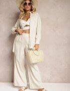  Set din viscoză bej deschis Pantaloni cu picioare largi și cu elastic în talie Cămașă cu nasturi Tinamars