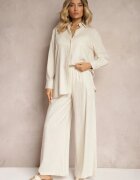  Set din viscoză bej deschis Pantaloni cu picioare largi și cu elastic în talie Cămașă cu nasturi Tinamars