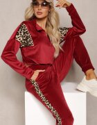  Set Dres bordo din Velur cu Bluză Scurtă și Pantaloni Jogger cu Imprimeu Leopard Limitta