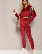  Set Dres bordo din Velur cu Bluză Scurtă și Pantaloni Jogger cu Imprimeu Leopard Limitta
