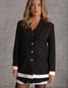  Set Elegant Negru în Dungi cu Sacou Vestă și Fustă Plisată Emmizelle