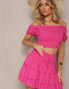  Set Fuchsia din bumbac Fustă Scurtă cu volane și Bluză cu decolteu spaniol Scriba
