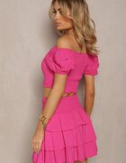 Set Fuchsia din bumbac Fustă Scurtă cu volane și Bluză cu decolteu spaniol Scriba