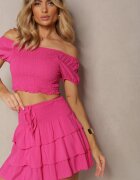  Set Fuchsia din bumbac Fustă Scurtă cu volane și Bluză cu decolteu spaniol Scriba