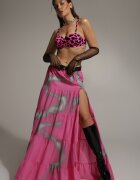  Set Fuchsia din Vâscoză 2 piese Top și Fustă cu Volane Jakki