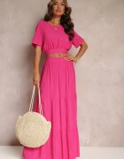  Set Fuchsia din Vâscoză 2 piese Top și Fustă cu Volane Jakki