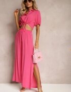  Set Fucsia din Bumbac Stil Utility Cămașă și Pantaloni Largi Veola