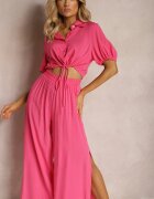  Set Fucsia din Bumbac Stil Utility Cămașă și Pantaloni Largi Veola