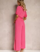  Set Fucsia din Bumbac Stil Utility Cămașă și Pantaloni Largi Veola