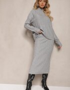  Set Gri din tricot în relief cu viscoză Pulover cu guler semi-înalt și Fustă mulată Atteleia