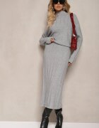  Set Gri din tricot în relief cu viscoză Pulover cu guler semi-înalt și Fustă mulată Atteleia