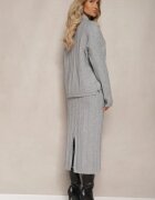  Set Gri din tricot în relief cu viscoză Pulover cu guler semi-înalt și Fustă mulată Atteleia