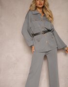  Set Gri din Vâscoză Pantaloni cu Croială Largă Cardigan cu Nasturi Decorativi și Curea Creona