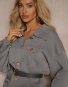  Set Gri din Vâscoză Pantaloni cu Croială Largă Cardigan cu Nasturi Decorativi și Curea Creona