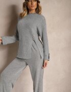  Set Gri închis cu Lână și Bumbac Pantaloni largi Pulover cu nasturi și despicătură Sialwen