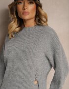  Set Gri închis cu Lână și Bumbac Pantaloni largi Pulover cu nasturi și despicătură Sialwen