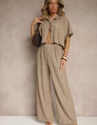  Set Maro deschis cu finisaj ajurat Cămașă și Pantaloni lungi cu elastic în talie Bemvia
