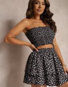  Set Negru 2-Piese Top Bandeau Înncrețit Pantaloni scurți tip fustă cu Elastic Qalifea