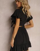  Set Negru 2 piese Top scurt cu legătură Fustă cu volane și elastic în talie Clementis