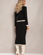  Set Negru 3 Piese Bluză Cardigan și Fustă Decorate cu Capse Jespella
