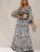  Set Negru-Alb Bluză scurtă petrecută legată sub bust Pantaloni largi cu elastic în talie Viknelas