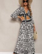  Set Negru-Alb Bluză scurtă petrecută legată sub bust Pantaloni largi cu elastic în talie Viknelas