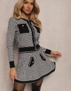  Set Negru-Alb din Tricot Fustă Cloș și Cardigan Deschis Zemida