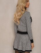  Set Negru-Alb din Tricot Fustă Cloș și Cardigan Deschis Zemida