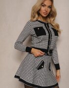  Set Negru-Alb din Tricot Fustă Cloș și Cardigan Deschis Zemida
