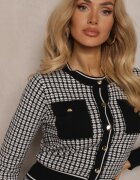  Set Negru-Alb din Tricot Fustă Cloș și Cardigan Deschis Zemida