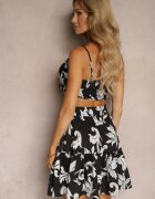  Set Negru-Alb Top cu bretele cu legătură Fustă florală cu volane Tiamalita