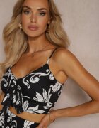  Set Negru-Alb Top cu bretele cu legătură Fustă florală cu volane Tiamalita