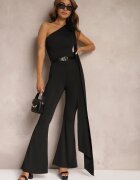 Set Negru Bluză Asimetrică cu Aplicație Florală pe Umăr Pantaloni Clopot Vikkinia