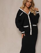  Set Negru de viscoză Cardigan cu nasturi cu paspoal și Fustă mulată Tamorin