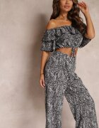  Set Negru din 2 piese cu Pantaloni Largi și Top cu Volan Ariettneh