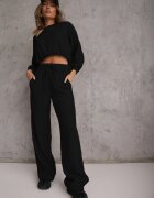  Set Negru Din Bumbac Bluză Scurtă cu Elastic și Pantaloni Largi cu Șnur în Talie Rionnea