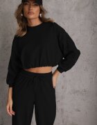  Set Negru Din Bumbac Bluză Scurtă cu Elastic și Pantaloni Largi cu Șnur în Talie Rionnea