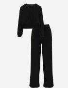  Set Negru Din Bumbac Bluză Scurtă cu Elastic și Pantaloni Largi cu Șnur în Talie Rionnea