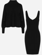  Set Negru din Tricot cu Nervuri Maletă cu Mâneci Bufante și Rochie cu Bretele Belianora