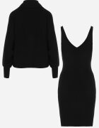  Set Negru din Tricot cu Nervuri Maletă cu Mâneci Bufante și Rochie cu Bretele Belianora