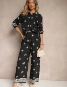  Set Negru din Vâscoză Cămașă și Pantaloni Largi cu Model Etnic Tatanelis