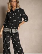  Set Negru din Vâscoză Cămașă și Pantaloni Largi cu Model Etnic Tatanelis