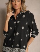  Set Negru din Vâscoză Cămașă și Pantaloni Largi cu Model Etnic Tatanelis