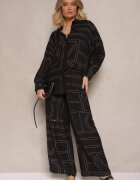  Set Negru din Vâscoză Decorat cu Imprimeu Geometric Cămașă și Pantaloni Hanovin